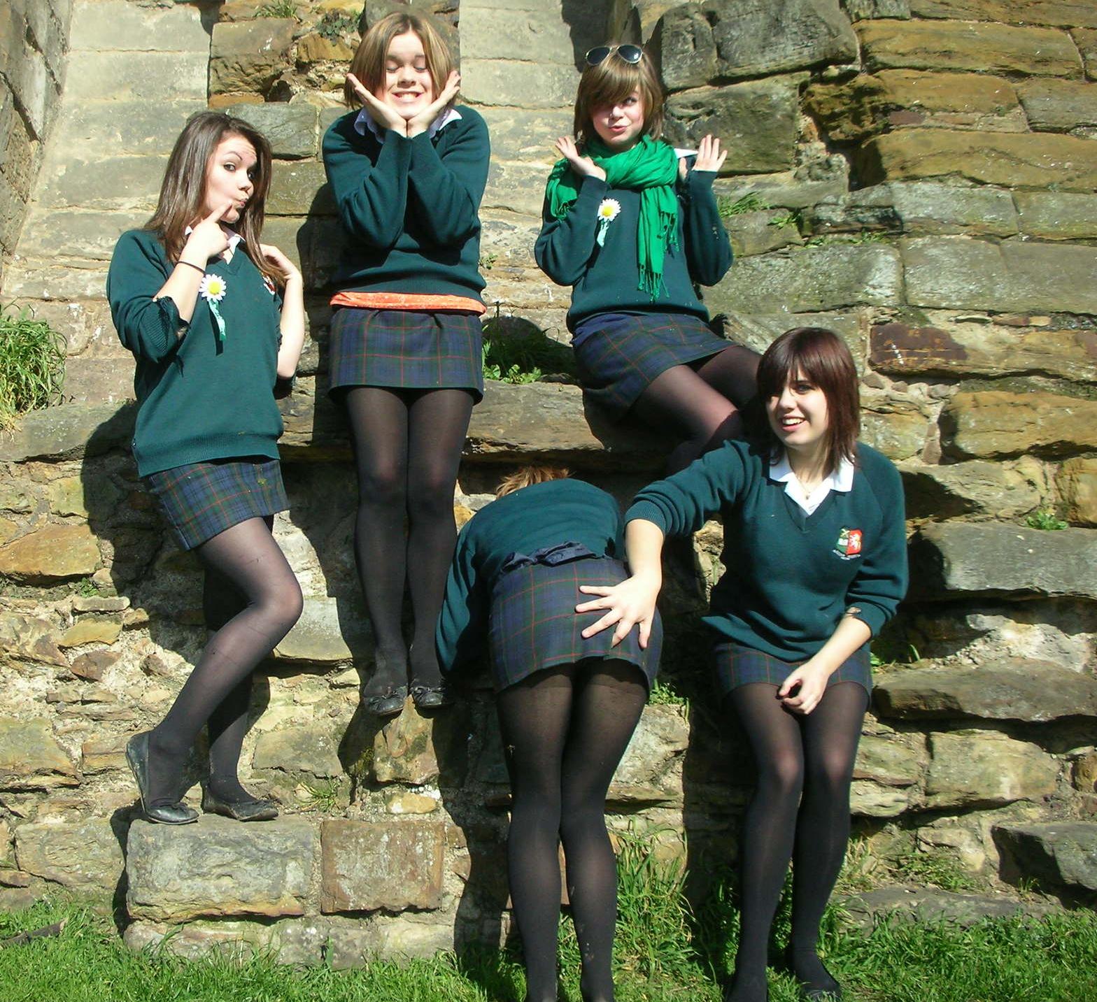 Five Schoolgirls wearing Black Opaque Pantyhose and Black Ballerinas